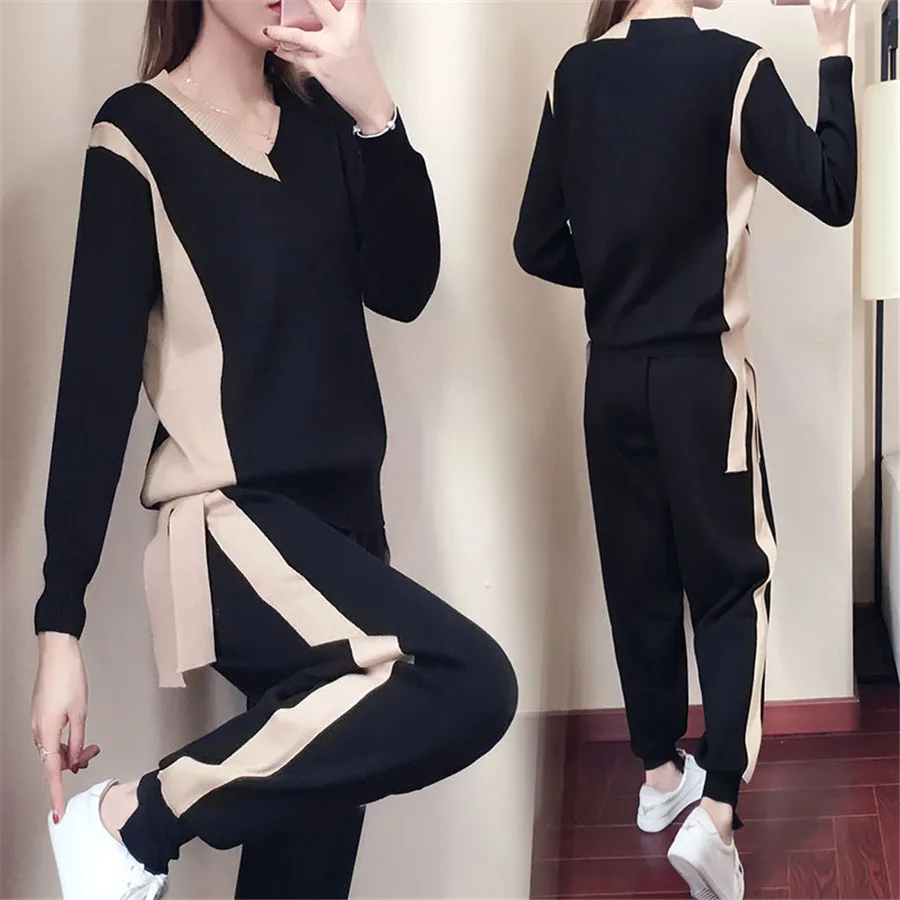 2019 Весна Осень Новый Повседневный Спортивный костюм вязаный свитер с длинными