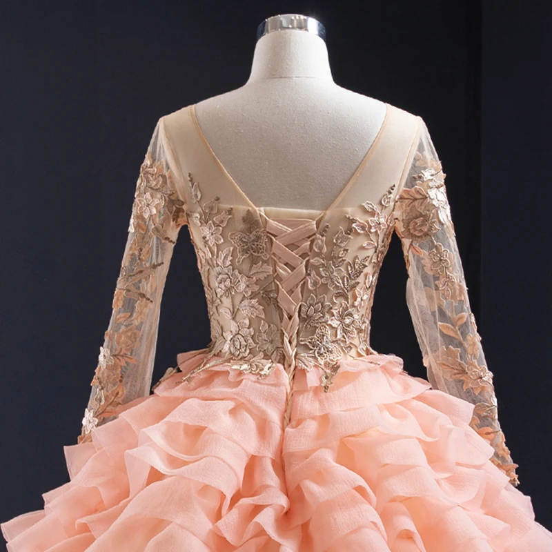 J67019 jancember pink lace party long evening dresses o-neck floor length sweep train lace tiered ball dress вечерные платье