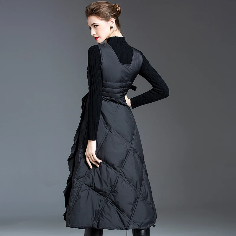 Dress Winter Down Long Coats Women Black Sleeveless Dresses Caramel Ruffle Design Slim Velcro Warm And Light Female Clothes