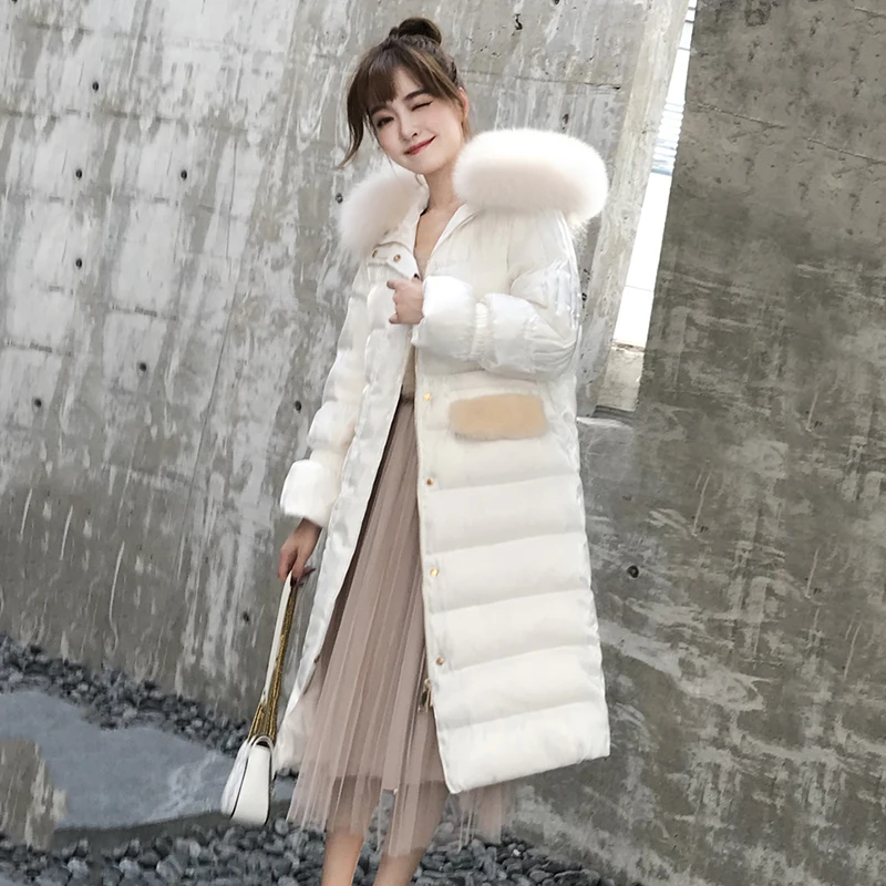 Женский пуховик с мехом енота черная или серая теплая парка на 2019 белом утином