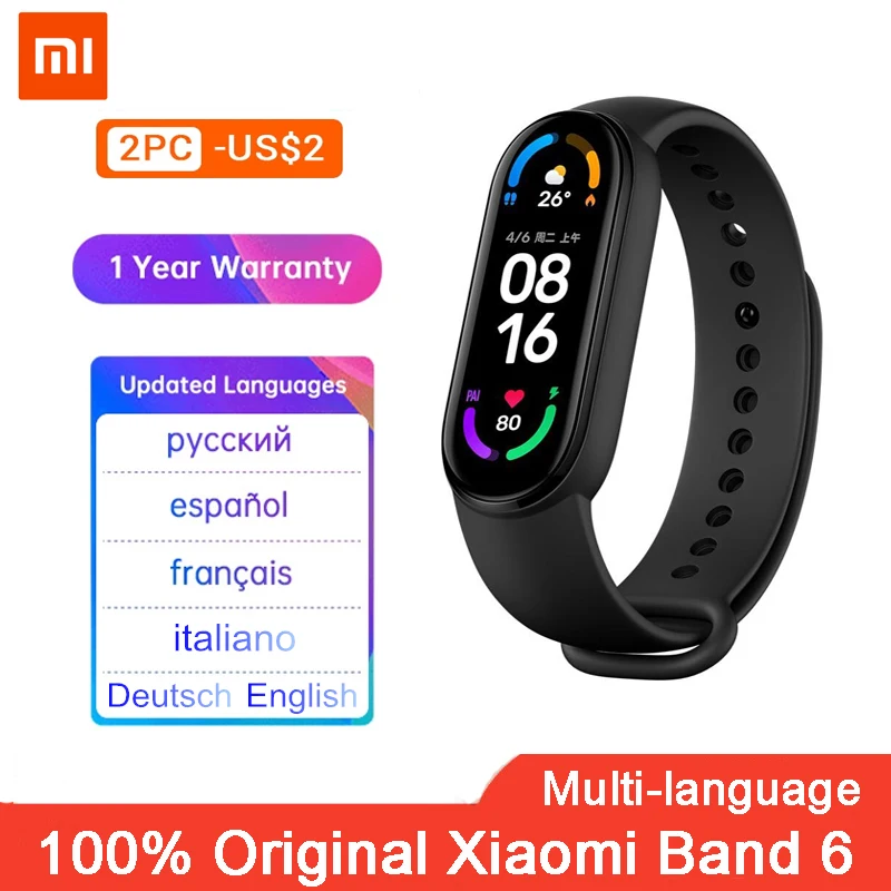 

Оригинальный спортивный браслет Xiaomi Mi Band 6, фитнес-трекер с пульсометром, Bluetooth, смарт-браслет с AMOLED экраном 1,56 дюйма, 5 цветов