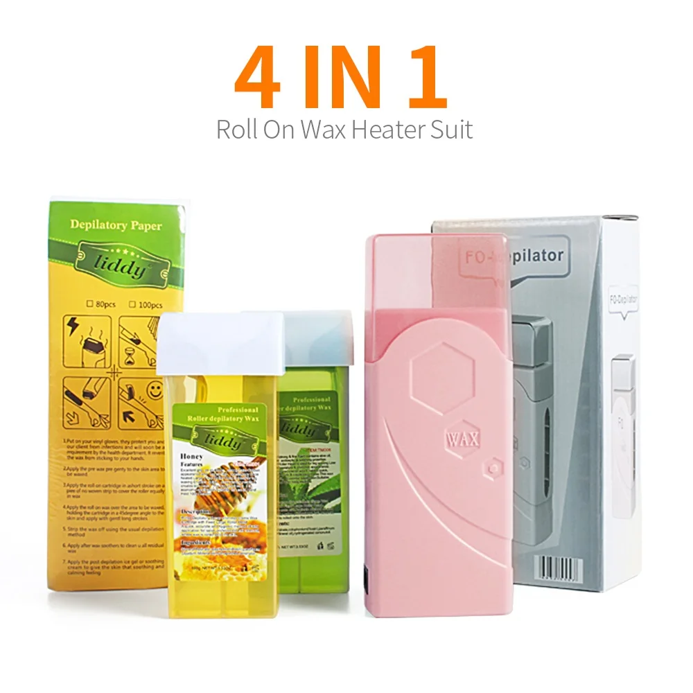 4 IN 1 Hair Removal Wax Set With Universal Electric Wax Heater Machine Honey&Apple Depilatory Wax Roller Wax Body Leg Arm Hairs