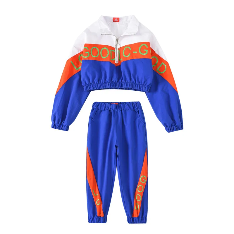 

New Children'S Hip-Hop Suit Girls Jazz Dance Long Sleeve Blue Jacket Pants Kids Street Dance Performance Stage Clothing 110-180