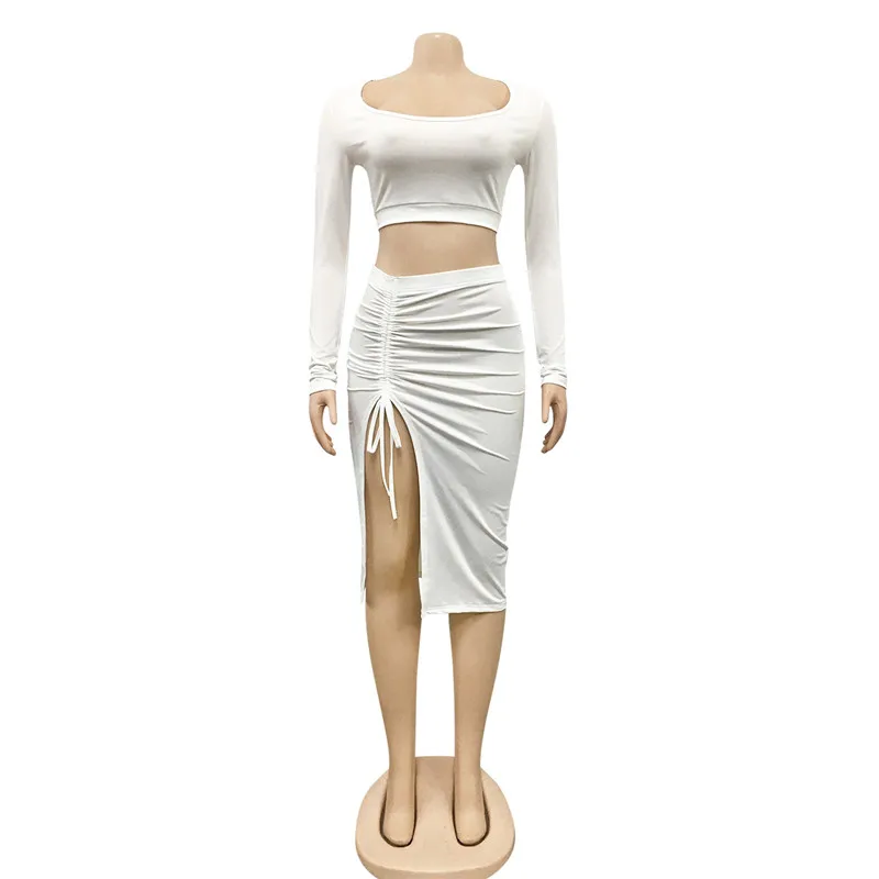 

WJFZQM Ruched Bandage Skirt Set Two Piece Outfits Women Long Sleeve Crop Top And Matching Set Two Piece Short Set for Women