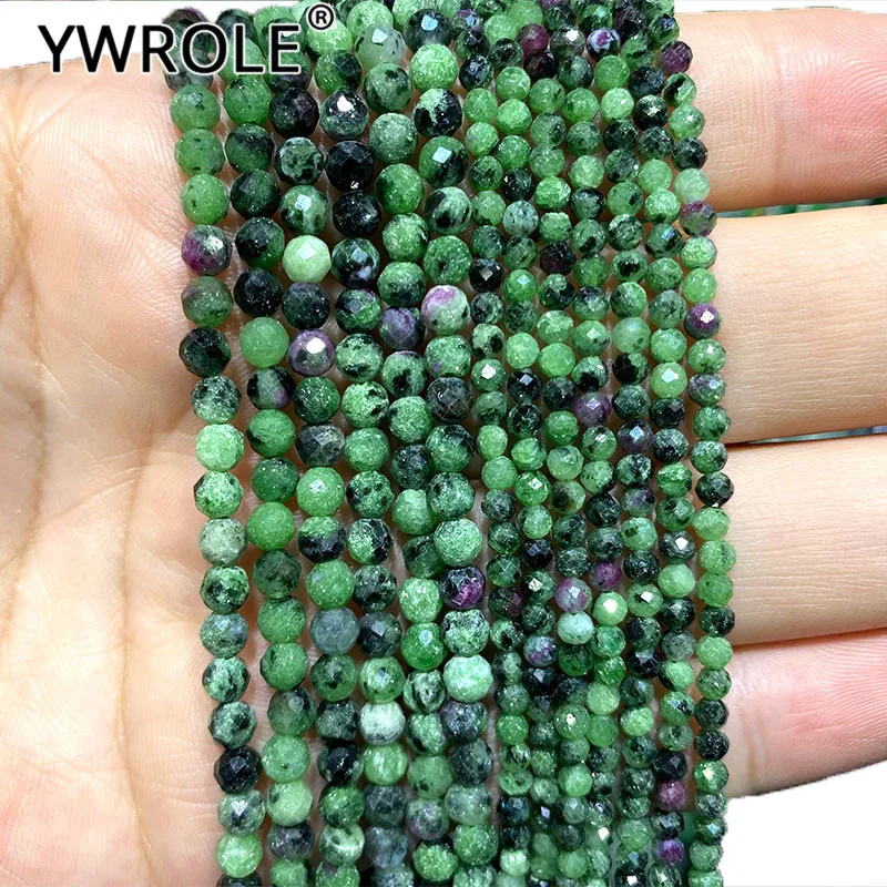 

YWROLE 100% Natural Gem Stone Red Green Epidote Faceted Round Spacer Beads For Jewelry Making DIY Bracelet Necklace 2/3/4MM 15''