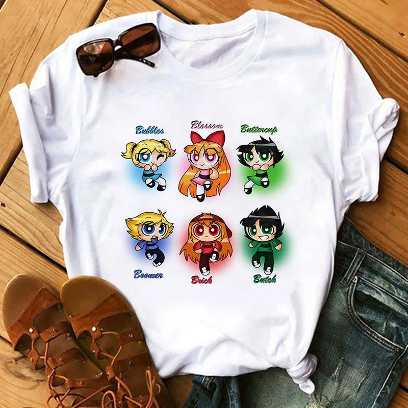 

2020 New Summer Kawaii white Tops Powerpuff T Shirt Girls Harajuku Funny Cartoon Printed Cute T-shirts Women's Fashion Clothing