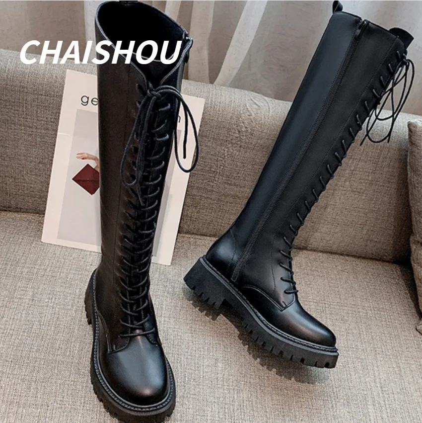 

ST78 Women Autumn Gothic Shoes 2021 New Knee High Long Round Square Heel Lace Up Platform Motorcycle Boots Black Botas Mujer