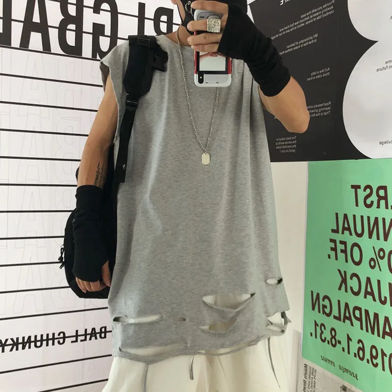 gray Панк крутые Длинные футболки унисекс с разрезом и дырками, женские футболки без рукавов в стиле рок, базовая свободная футболка, готический стиль, топ, Майки - Цвет: gray