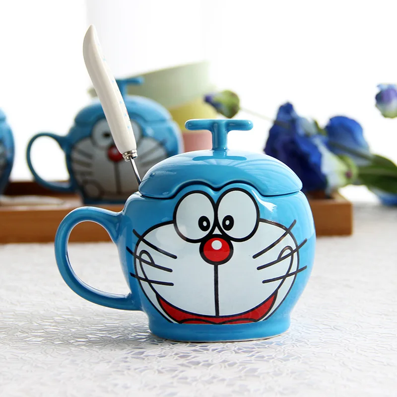 

Creative Couple Ceramic Cup with Lid and Spoon Simple Cartoon Doraemon Mug Coffee Cup Breakfast Children Birthday Gift Cup