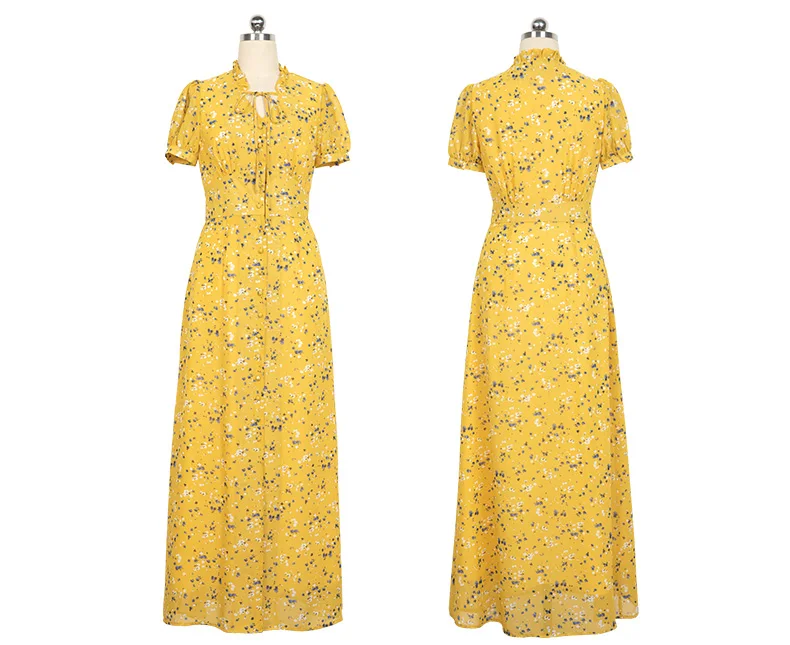 

S to XXL Size Light Yellow Short Sleeve Long Maxi Single Breasted Floral Chiffon Shirt Dress for Woman