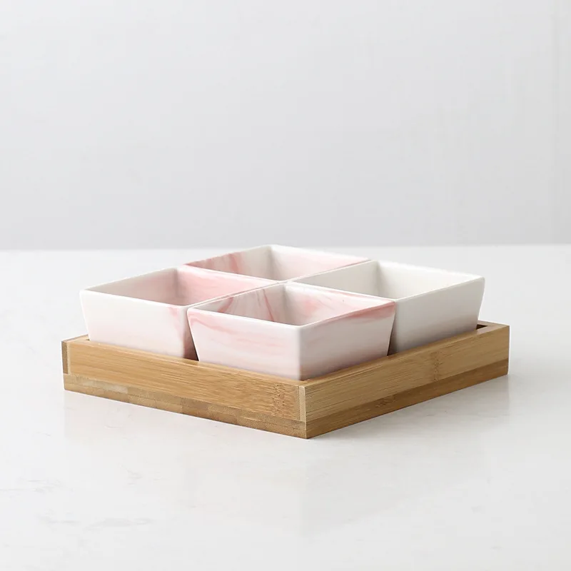

Marble Fruits Platter Ceramic Dish Plate Porcelain Snacks Candy Nut Desserts Eco Natural Serving Bamboo Tray Set Salad Bowl
