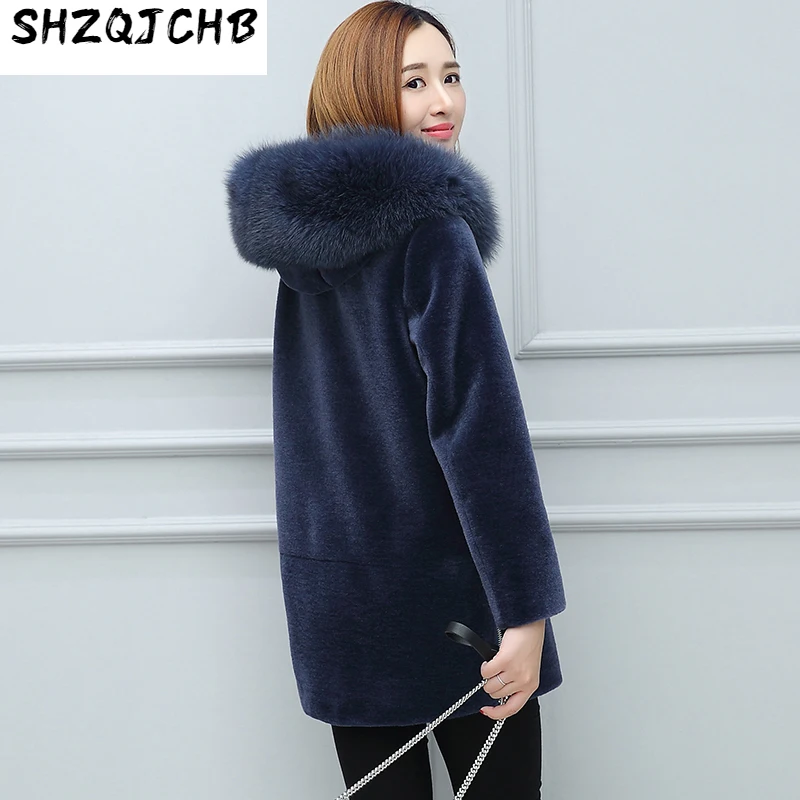 

SHZQ пальто для стрижки овец женское меховое корейское короткое пальто с воротником из лисьего меха с капюшоном шерстяное утепленное осенне-...