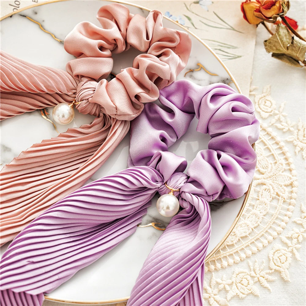 

Fashion Pleated Pearl Scrunchies Solid Long Hair Ribbon For Women Ponytail Scarf Sweet Elastic Hair Band Hair Accessories Sweet