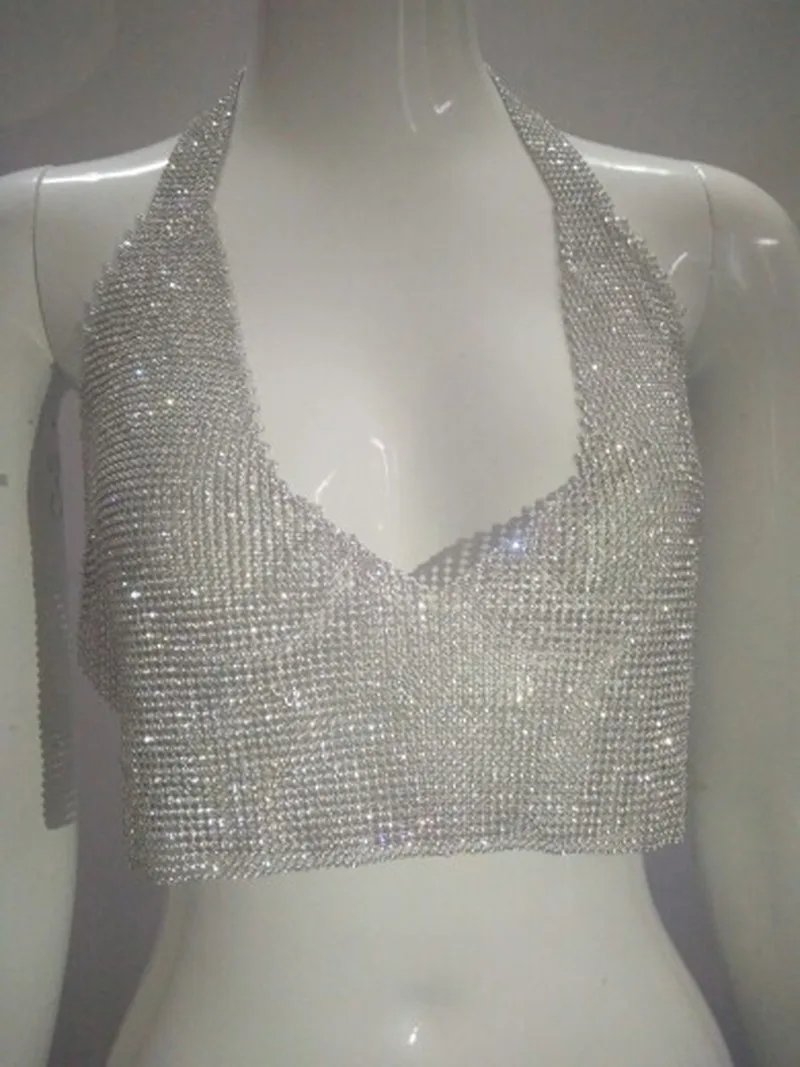 Сексуальный укороченный топ с серебряным вырезом и лямкой через шею Женская