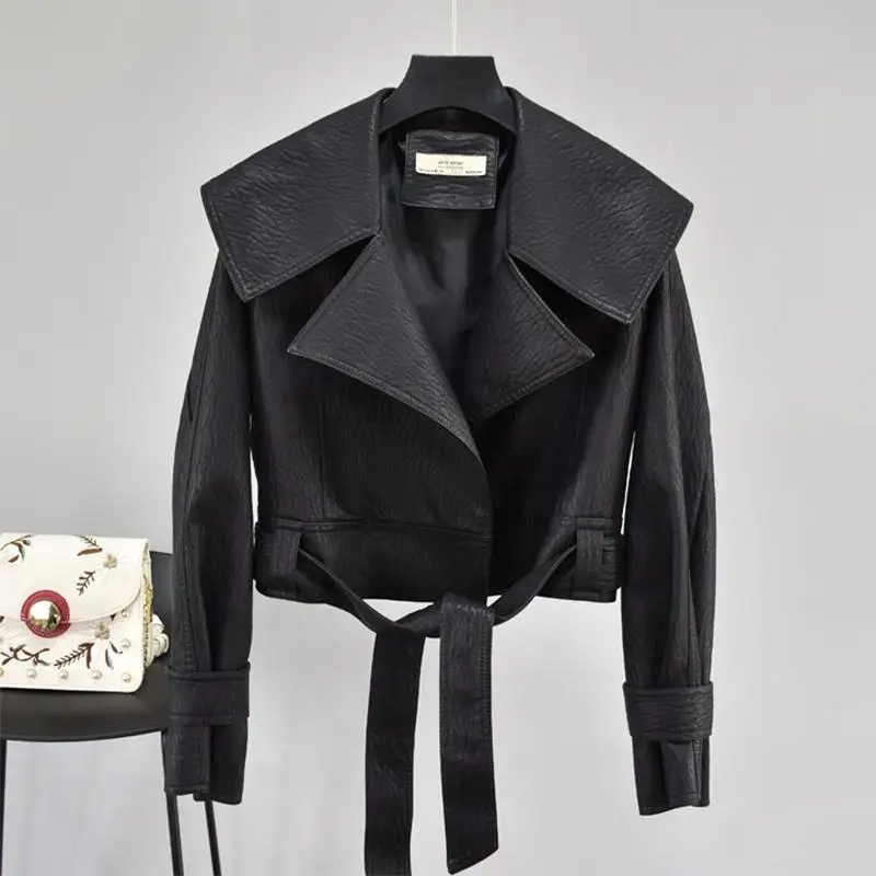 

ZCSMLL Autumn Women Pu Leather Jackets Short Coat Turndown Collar Belt Lace-up Motorcycle Black Punk Red Overcoat Female Outwear