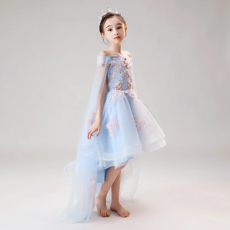 

Blue Flower Girl Dresses 2020 Elegant Boat Neck Off The Shoulder Appliques High Low Girl Dresses For Wedding
