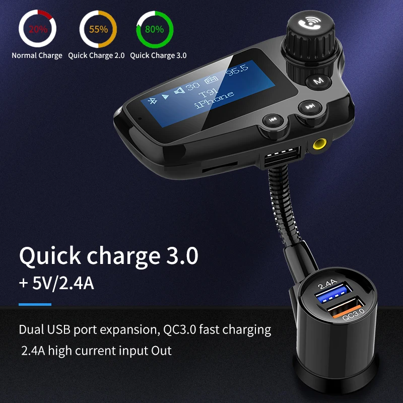 

KDsafe Car Charger MP3 Player Bluetooth Car Kit Wireless Bluetooth 5.0 FM Transmitter QC3.0 2.4A Dual USB U-disk / TF Card AUX