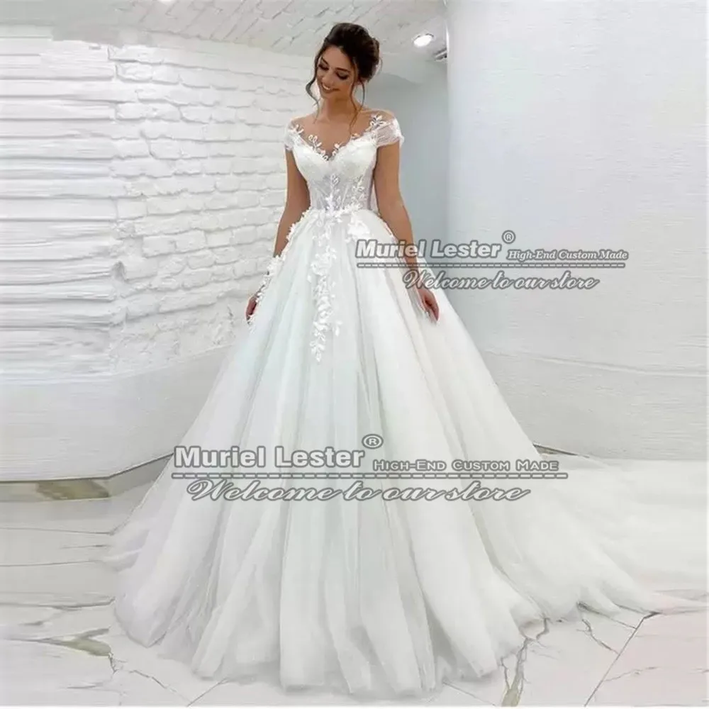 Женское свадебное платье с коротким рукавом пышное ТРАПЕЦИЕВИДНОЕ ПЛАТЬЕ из