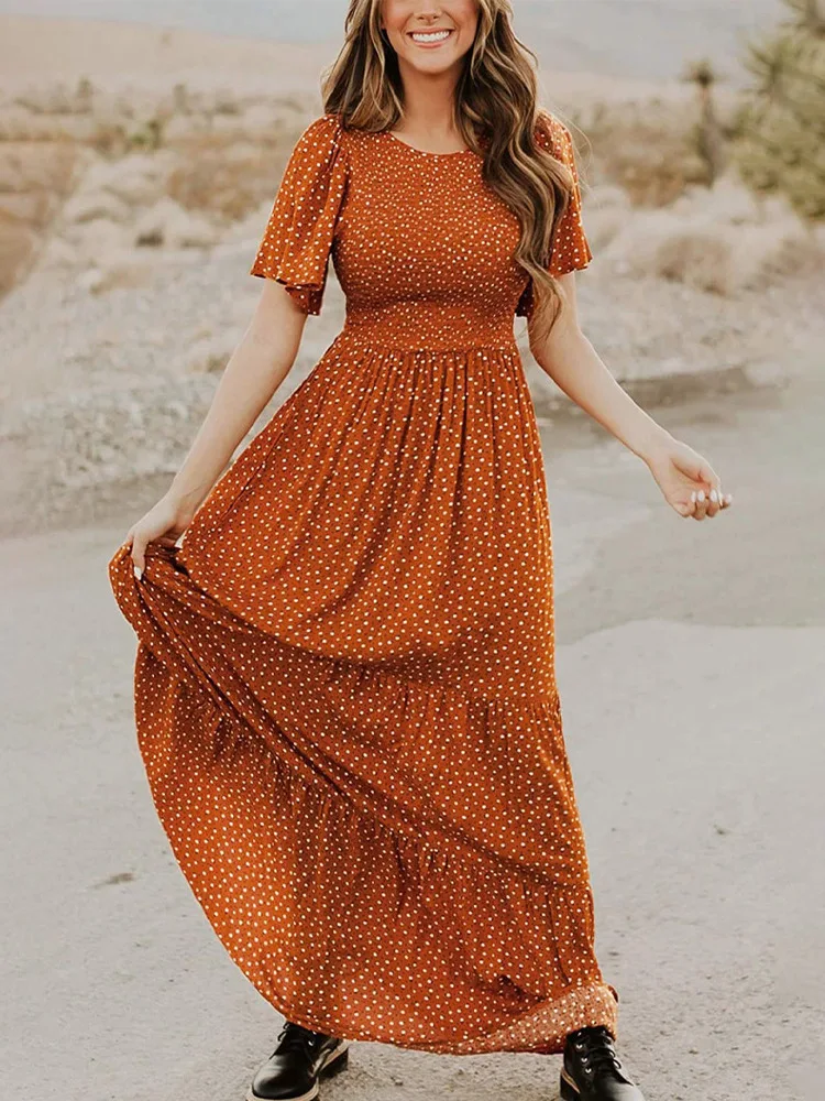 

Jastie/летнее платье с короткими рукавами и цветочным принтом, с круглым вырезом, облегающее платье в стиле бохо, вечерние платья с оборками, Пл...