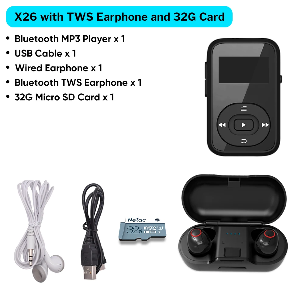 Deelife Спортивный MP3 плеер Bluetooth с зажимом, FM радио, повязка на руку, портативный мини MP 3, музыкальный плеер для бега, спортивный MP3-Player - Цвет: Earphone and SD Card