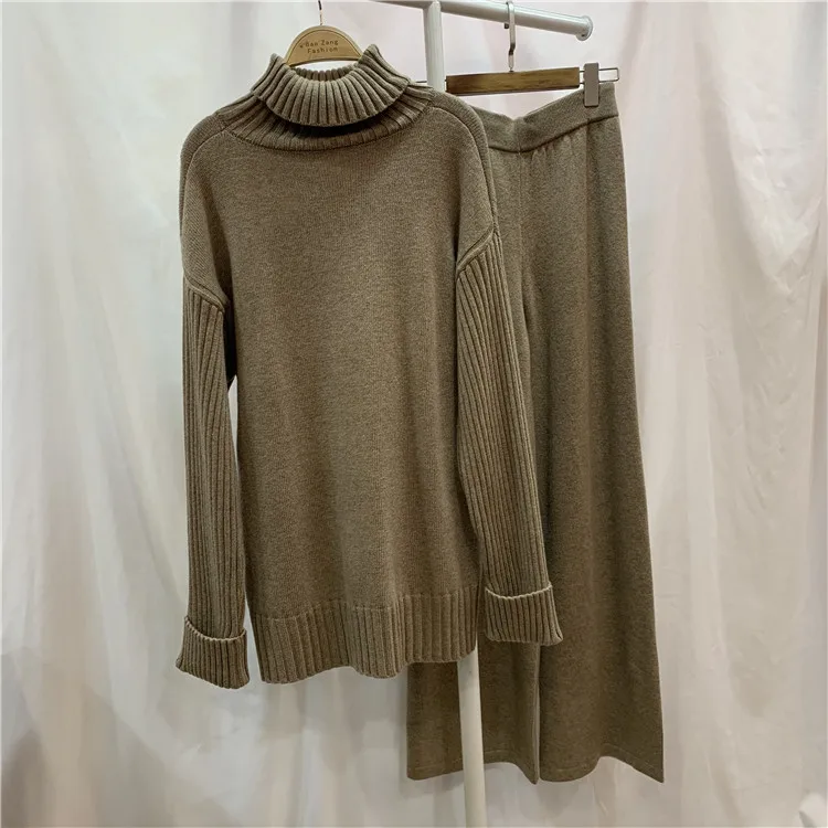 Women's Luxury Two Pieces 45% Cashmere + 30% Wool Suits Female Turtleneck Warm Mink Cashmere Knit Tops +  Wool Pant Sets F2555