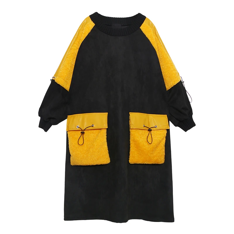 

XITAO Plus Size Dress Fashion New Patchwork Waist Patchwork Goddess Fan Autumn Winter Pocket Full Sleeve Loose Dress XJ5226