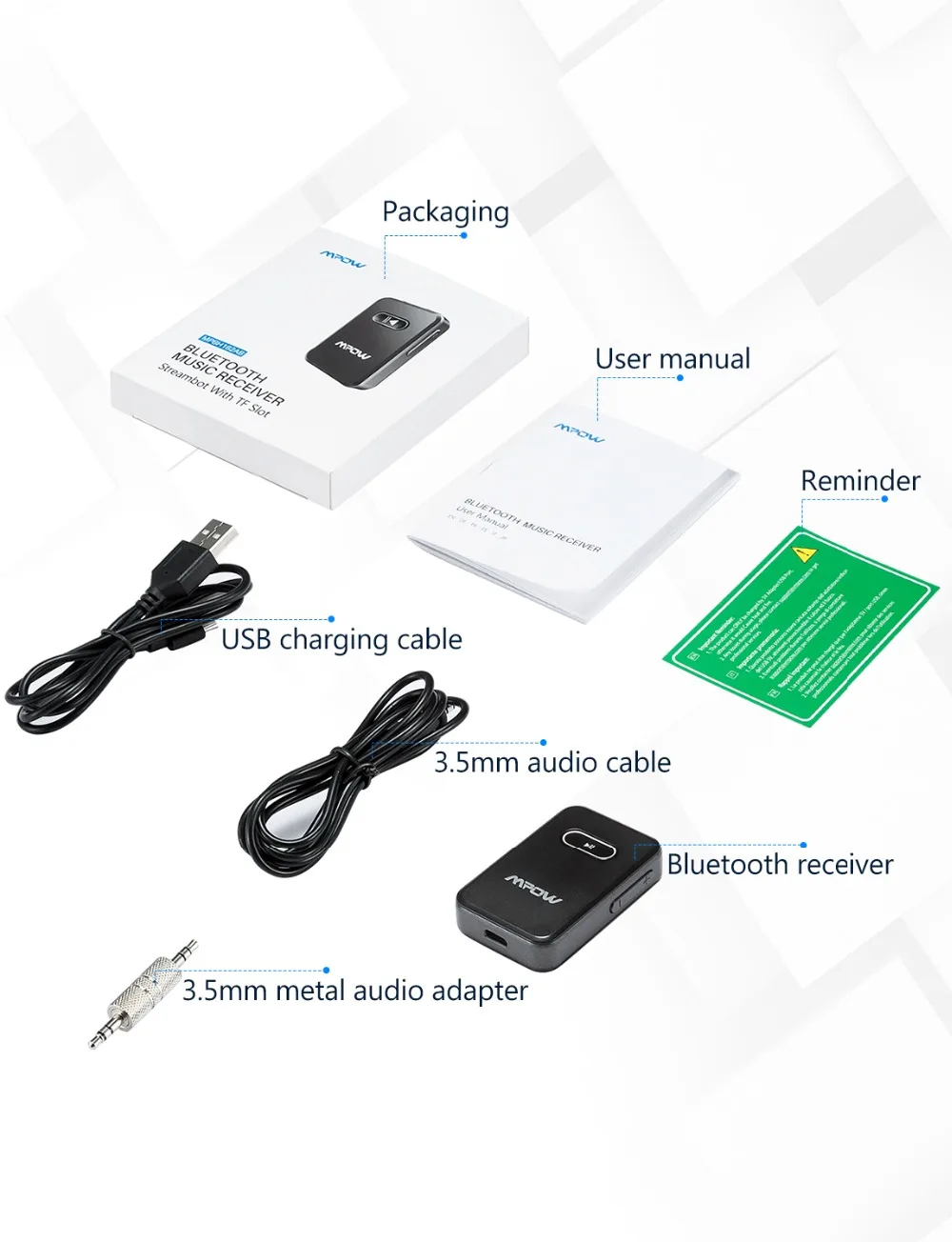 Mpow BH182 Bluetooth 4,0 приемник адаптер Поддержка TF карты макс 32 г 8 часов в режиме ожидания с микрофоном для автомобиля стерео системы динамик наушники
