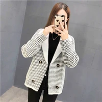 spring khaki womens cardigan jacket autumn gray lapel faux mink fur check double breasted knitted jacket short ladies top