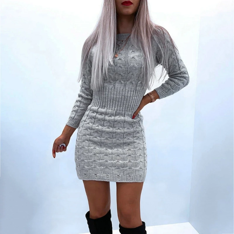 

Women Long Sleeve Twist Cable Knit Bodycon Mini Sweater Dress O-Neck Solid Color Sexy Empire Waist Jumper Streetwear