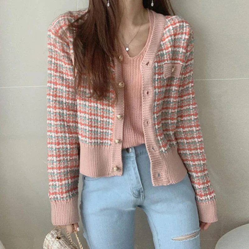Весенние женские клетчатые Вязаные Короткие кардиганы с высокой талией пальто