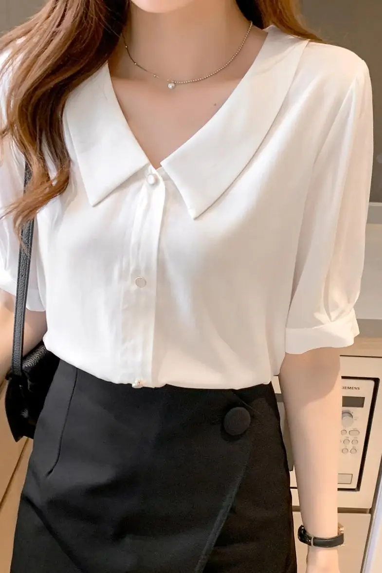 

COIGARSAM Short Sleeve Shirt Womens tops Summer Chiffon Women shirts White Pink 8316