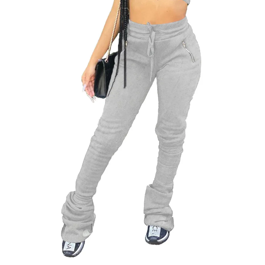 

2021 Women Sweatpants Casual Solid High Waist Reched Bell Bottom Flare Pants Zipper Workout Pleated Trousers