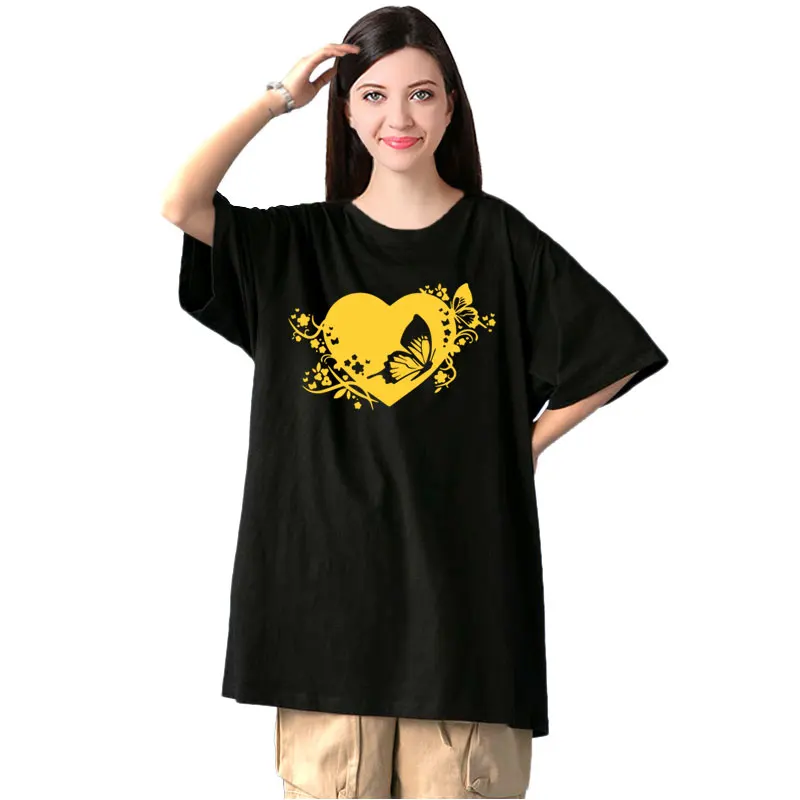 

Floral Heart with Butterflies Cotton Tshirt Streetwear Summer Oversized T Shirt Women Harajuku Short Sleeves Tops Hip Hop Tshirt