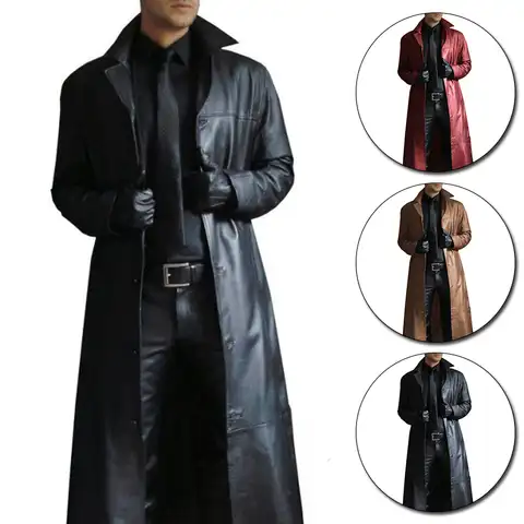 Мужской кожаный Тренч, винтажная ветровка в британском стиле, однотонное приталенное пальто, длинная куртка, размера плюс, S-5XL
