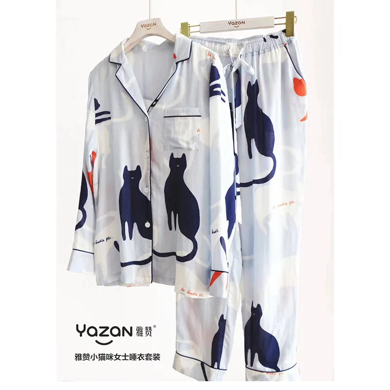 YAZAN Spring hot style women's pajama suit printed modal fresh style pajama suit women's lapel women's casual home wear