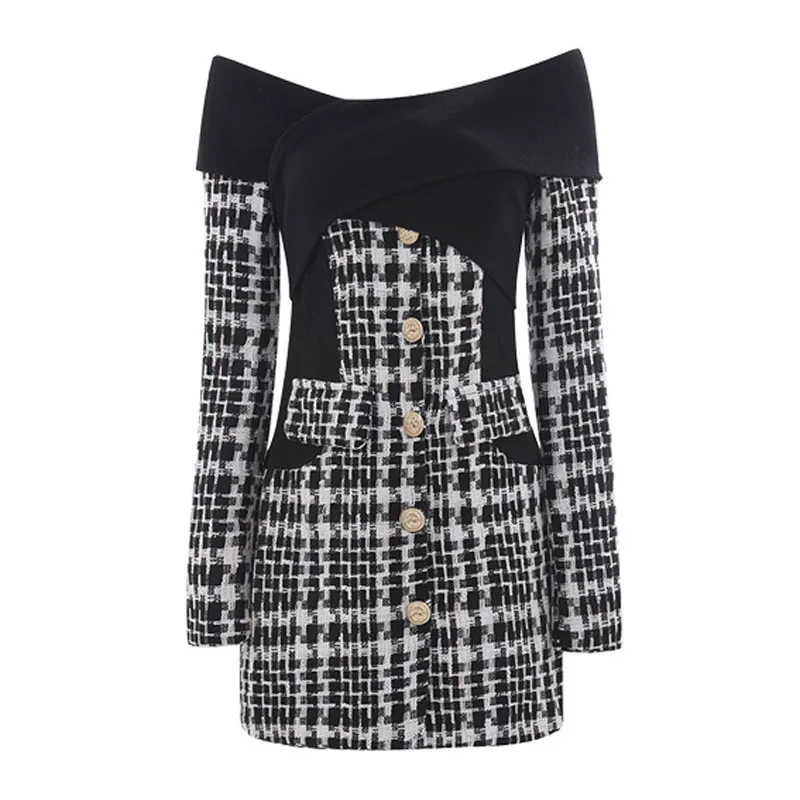 Женское платье с открытыми плечами клетчатое твидовое эластичное черно-белое