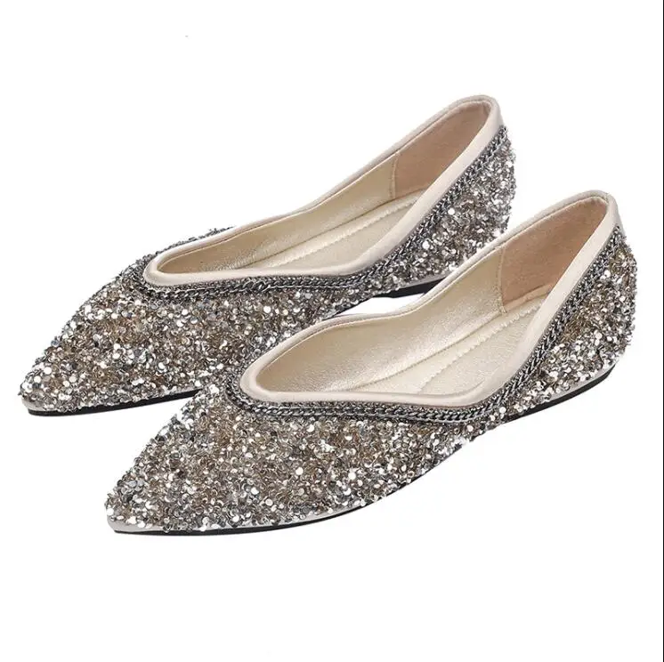 

High Quality Women Shoes Woman Flat Shoes Fashion Casual Rhinestone Sequins New Autumn Soft Bottom Pointed Flat Shoes B20-166