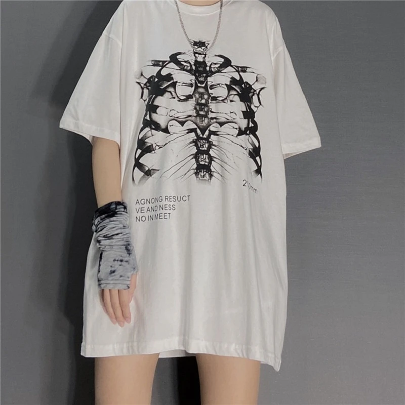 

Hirigin Women's Gothic Skeleton Printed Short Sleeve Tops Summer Punk 90S Harajuku Streetwear Casual Loose Oversized T-Shirt