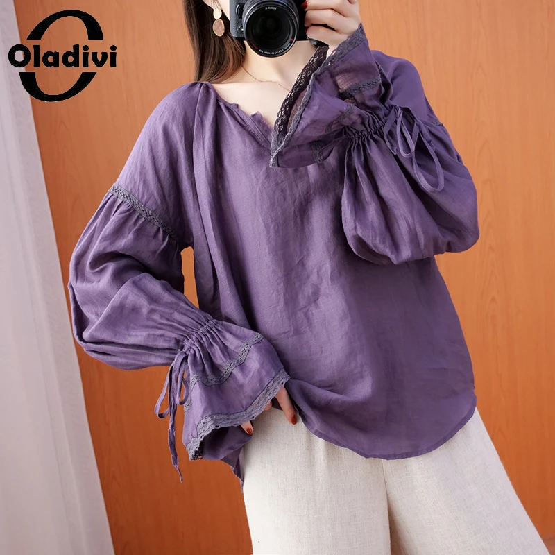 

Блузка Oladivi с длинным рукавом и V-образным вырезом, из хлопка и льна, женские рубашки оверсайз, осень 2021, повседневный Свободный Топ, туники, ж...