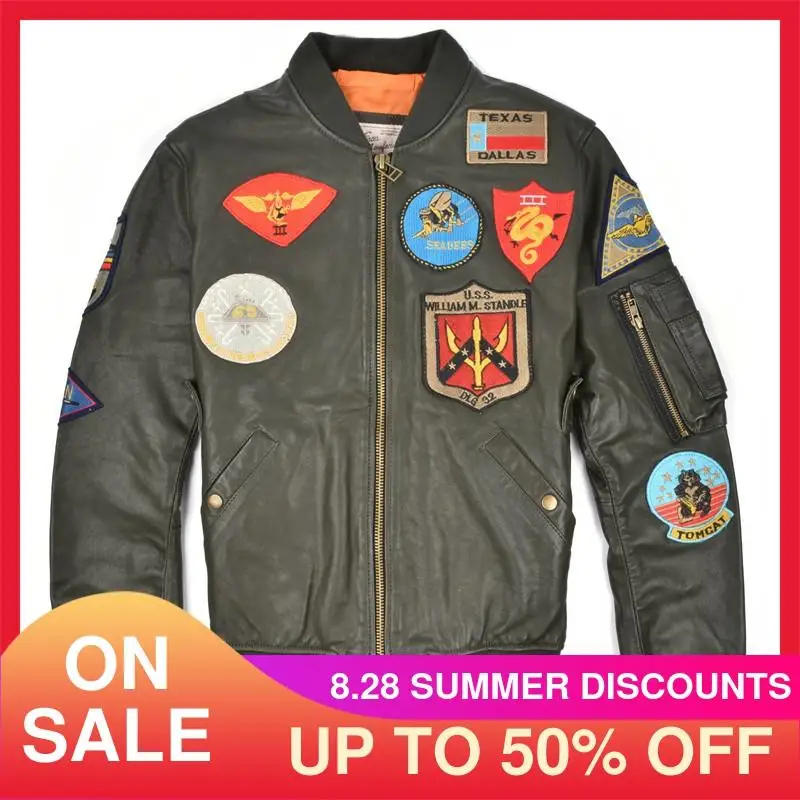 

2021 Military Style Green USAF Pilot Leather Jacket Men Plus Size 6XL Genuine Natural Sheepskin Autumn Slim Fit Aviator Coat