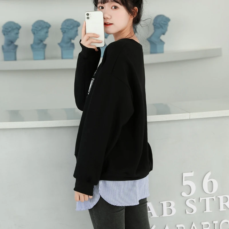 

Women Layering Fake Top Lower Sweep Skirt Blue Striped A-Line False Hem Extender LX9E