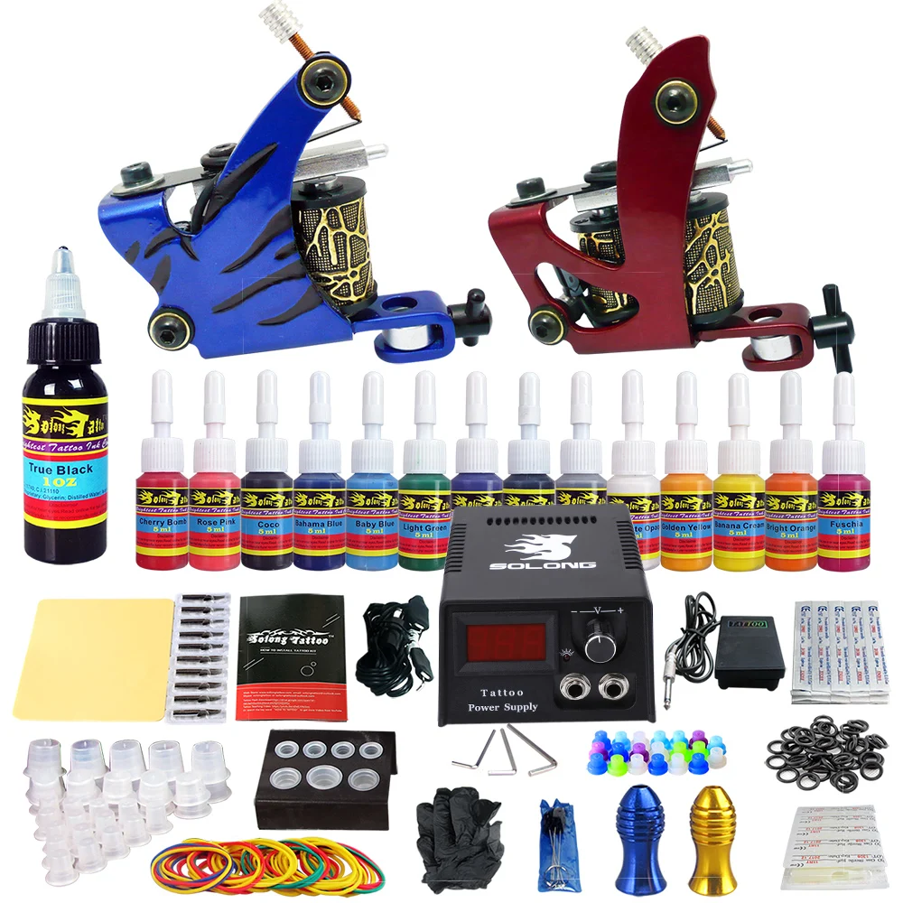 54 colors kits Stigma New Full Tattoo Kit Starter/Professional Tattoo Machine 2 Pro Coil Guns Power Supply Grips Tips Tubes Power Supply TK210 - Цвет: 54 colors kits