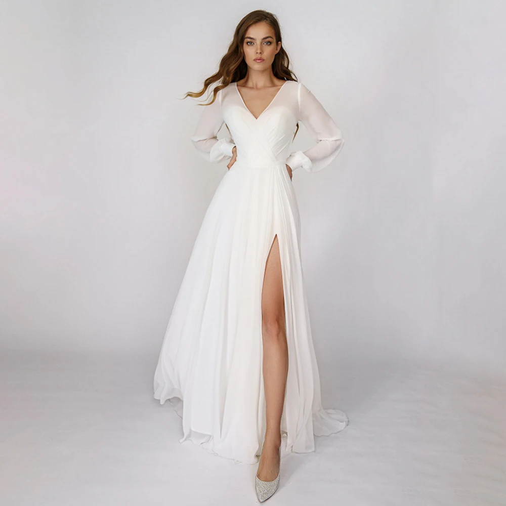 

Simple Pleated Chiffon Leg Opening Wedding Dress Custom Made Long Bishop Sleeves Keyhole V-Neck Zipper A Line Beach Bridal Gowns