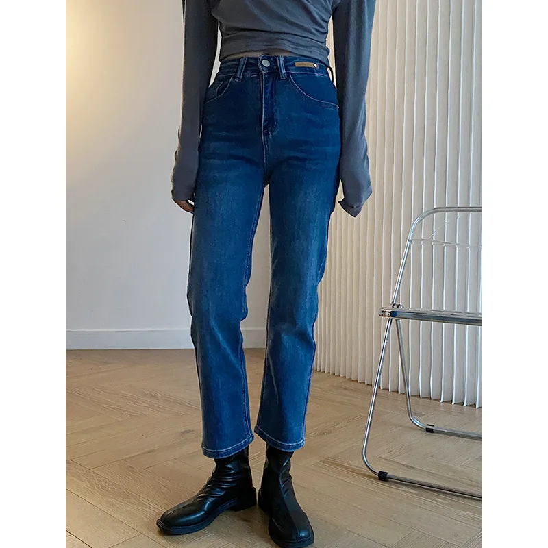 

2677 Autumn Women Jeans Straight Loose Fashion Solid Color Korean Thin Pants Trendy Streetwear All-Matching Female Denim Trouser