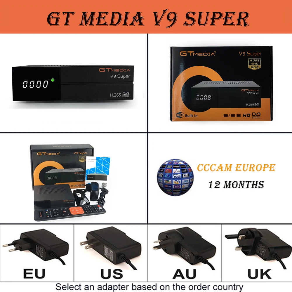 Sr-V9Super-12M GTMEDIA V9 супер лучшее ТВ-цифра спутниковый телевизионный ресивер+ один год, Европейский 7-линия cccam блок питания USB2.0 декодер - Цвет: Sr-V9Super-12M