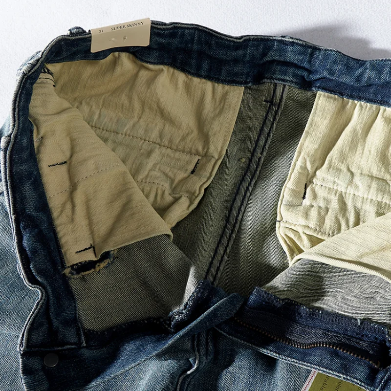 Vintage Jeans Men 's Straight Autumn and Winter Thickened Pants Men 's Distressed Stretch Denim Trousers