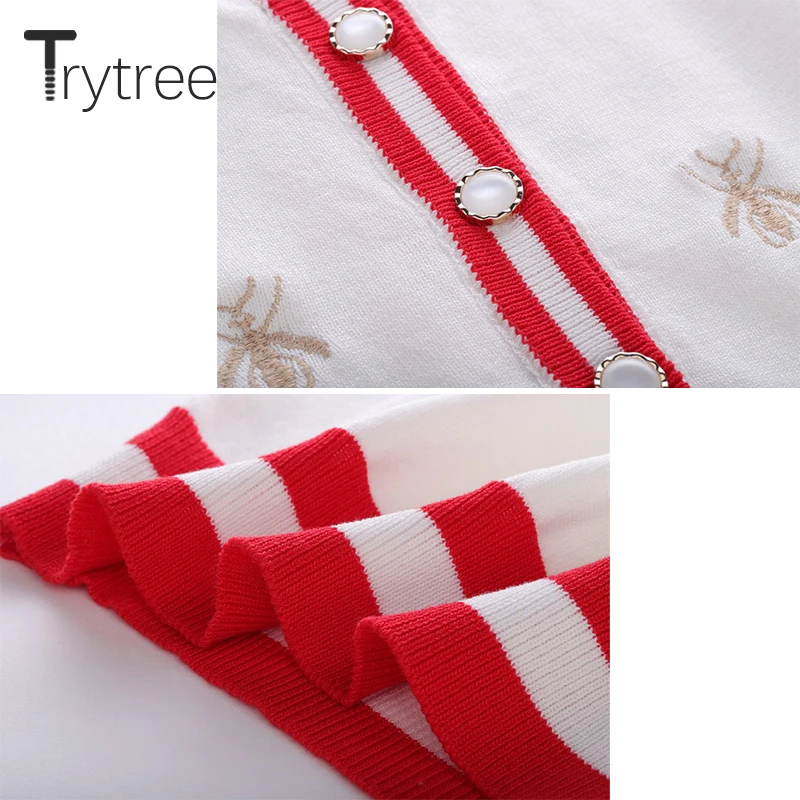 Trytree Autumn Winter Women Casual Sweater Button Bee embroidery V-Neck Cardigans Computer Knitted Single Breasted Tops |