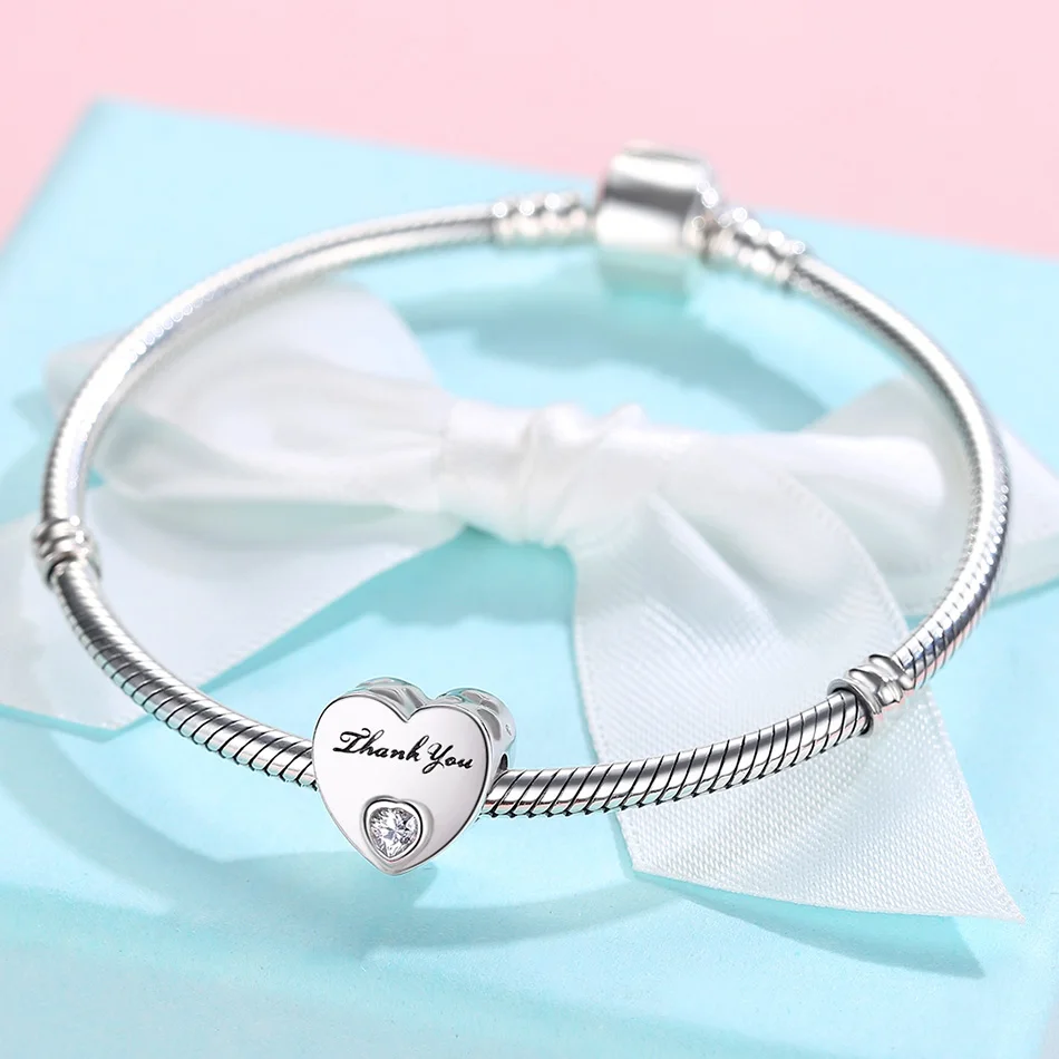 

Sterling Silver 925 Heart CZ Charms DIY Thank You Customize Photo Beads Fit Original Charm Bracelet Silver 925 Jewelry Making