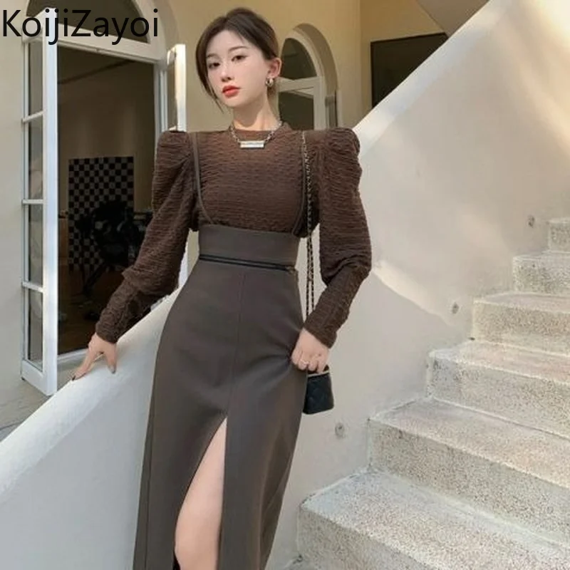 

Элегантный женский комплект из двух предметов Koijizayoi, пуловеры с длинным рукавом и разрезами, макси-юбка, корейский Костюм, шикарный наряд 2022