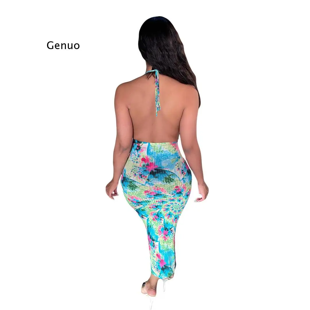 

European and American Women's Fashion Pit Print Neck Hanging Back Hollow Sexy Slim Dress Skirt